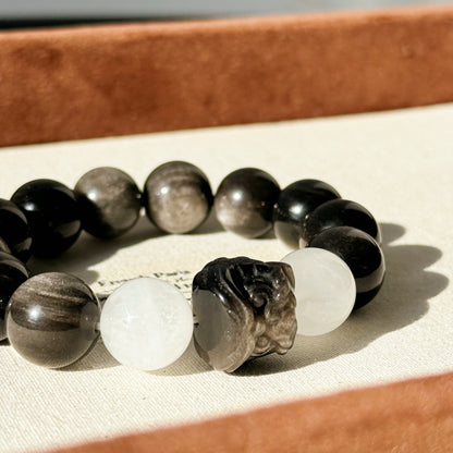 Silver Sands Shore Bracelet - Silver Sheen Obsidian and White Phantom Quartz, Embrace the Lunar Energy for Protection and Clarity