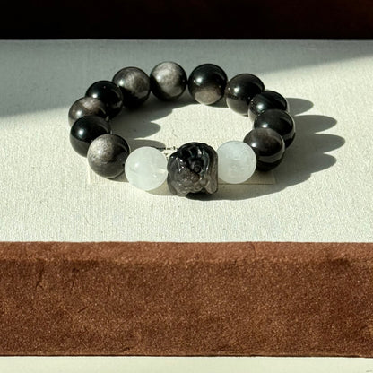 Silver Sands Shore Bracelet - Silver Sheen Obsidian and White Phantom Quartz, Embrace the Lunar Energy for Protection and Clarity