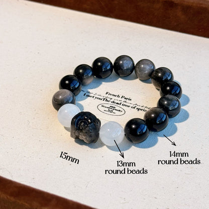 Silver Sands Shore Bracelet - Silver Sheen Obsidian and White Phantom Quartz, Embrace the Lunar Energy for Protection and Clarity