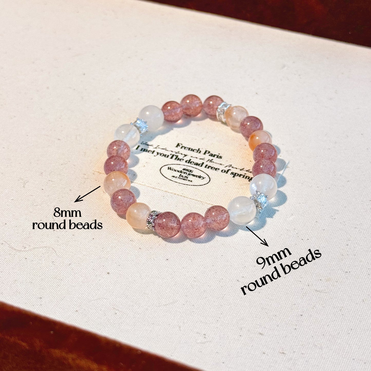 Strawberry Moonbeam Bracelet - Sparkling Strawberry Crystal, Blue Moonstone, and Rabbit Hair Quartz: A Radiant Gemstone Blend