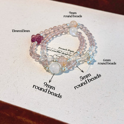 Twilight Duo Crystals - Wearable Double Wrap Bracelet, Strawberry Quartz, Blue Moonstone, and Rutilated Quartz  for Layered Elegance