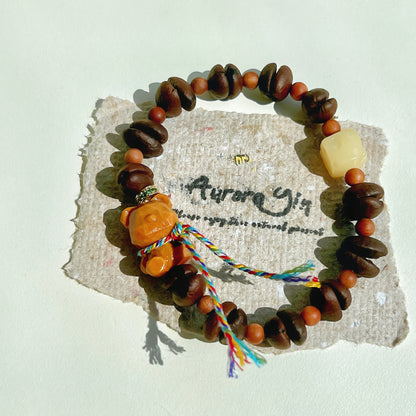 Brewed Wisdom Bracelet - Cozy Coffee Bean & Sandalwood Teddy Bears with Bodhi Cheese Charms