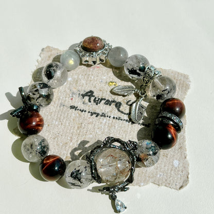 Eclipse Aura Crystal Bracelet - Sparkling Herkimer, Grey Moonstone, Black Gold Super Seven, and Tiger's Eye: A Fusion of Mystical Energies