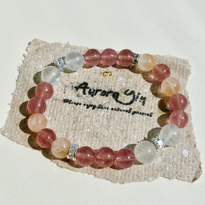 Strawberry Moonbeam Bracelet - Sparkling Strawberry Crystal, Blue Moonstone, and Rabbit Hair Quartz: A Radiant Gemstone Blend