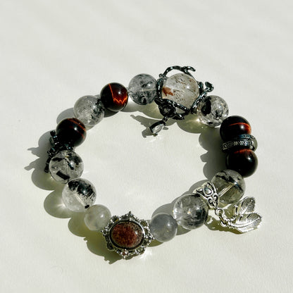 Eclipse Aura Crystal Bracelet - Sparkling Herkimer, Grey Moonstone, Black Gold Super Seven, and Tiger's Eye: A Fusion of Mystical Energies