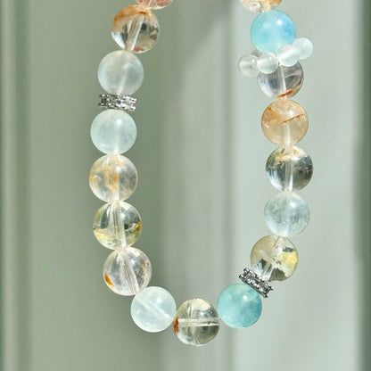 Aqua Phantom Elegance Bracelet - Enchanting Snowflake Phantom, Aquamarine, Blue Moonstone, and White Agate: A Harmony of Ocean and Heaven