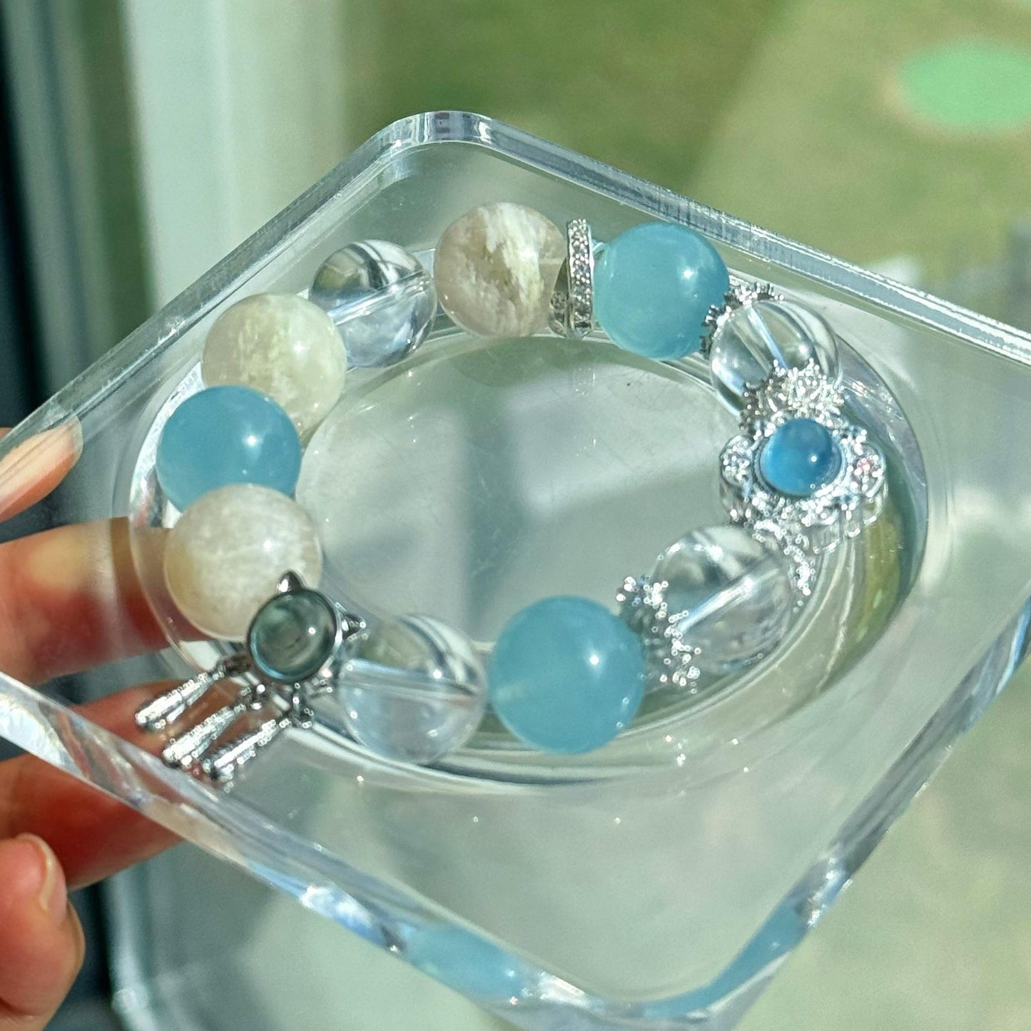 Sky Horizon Crystal Bracelet - Aquamarine, Snowflake Phantom, and Clear Quartz for Serenity and Insight