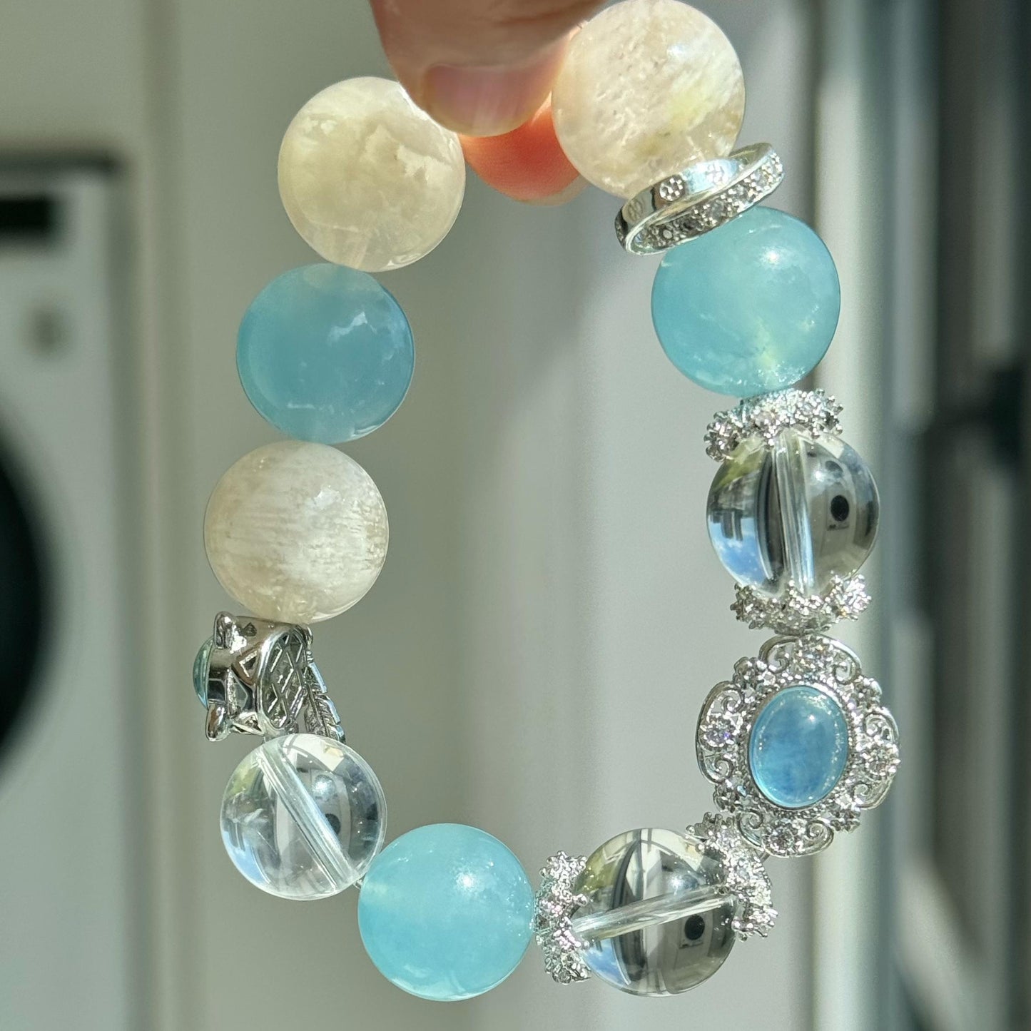 Sky Horizon Crystal Bracelet - Aquamarine, Snowflake Phantom, and Clear Quartz for Serenity and Insight